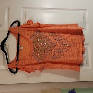 Tru Self woman's cold shoulder short-sleeve semi sheer shirt